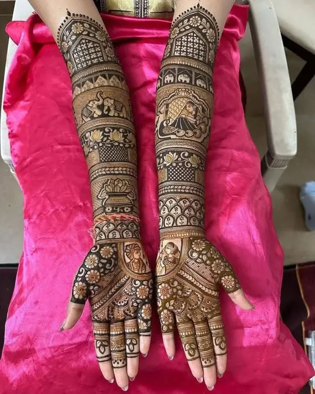 Traditional full-arm mehendi design by Anand Mehendi & Tattoo, Bhubaneswar