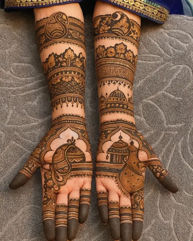 Traditional full-arm mehendi design by Anand Mehendi & Tattoo, Bhubaneswar