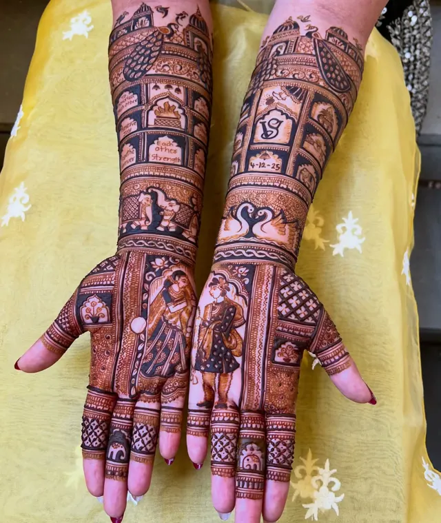Traditional full-arm mehendi design by Anand Mehendi & Tattoo, Bhubaneswar