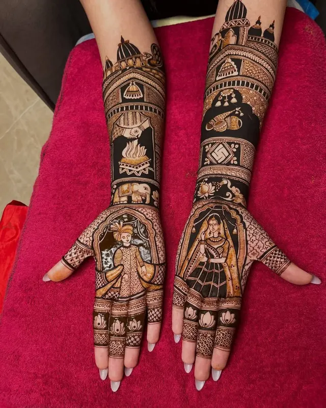 Detailed bridal mehendi design on both arms by Anand Mehendi & Tattoo, Bhubaneswar