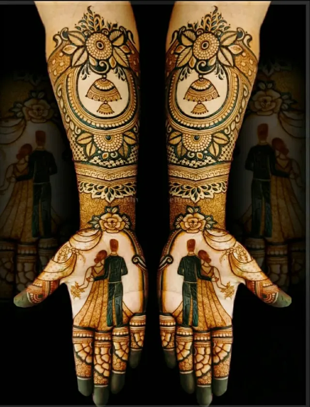 Detailed bridal mehendi design on both arms by Anand Mehendi & Tattoo, Bhubaneswar