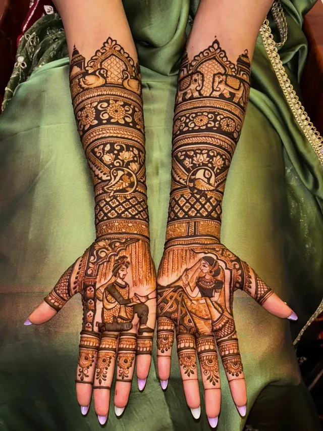 Detailed bridal mehendi design on both arms by Anand Mehendi & Tattoo, Bhubaneswar